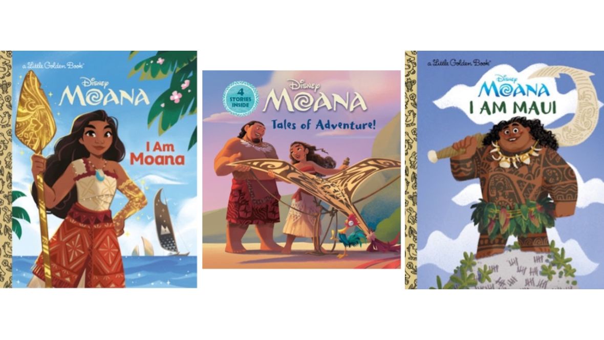 A triptych of images of Moana-inspired books for kids, including several Little Golden Books.