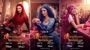 A triptych of promotional images of Kylie Cantrall as Red, Malia Baker as Chloe, and Liamani Segura as Pink from Descendants: Wicked Wonderland.