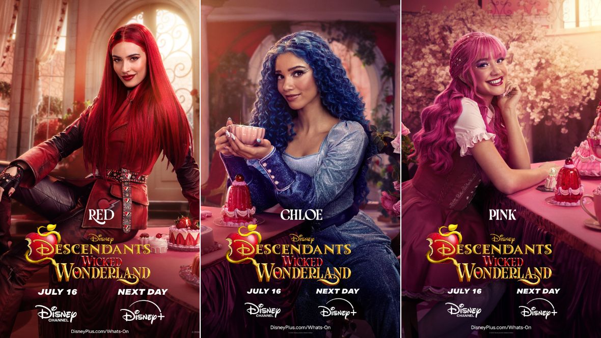 A triptych of promotional images of Kylie Cantrall as Red, Malia Baker as Chloe, and Liamani Segura as Pink from Descendants: Wicked Wonderland.
