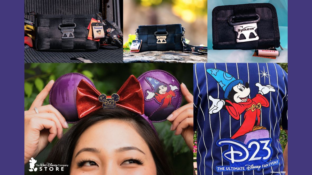 A collage of images highlighting merchandise that will be available at The Walt Disney Company Store during D23: The Ultimate Disney Fan Event, including bags made from seatbelts used on Soarin&rsquo; Over California; D23 Mickey Mouse Ears; and a D23 baseball jersey.