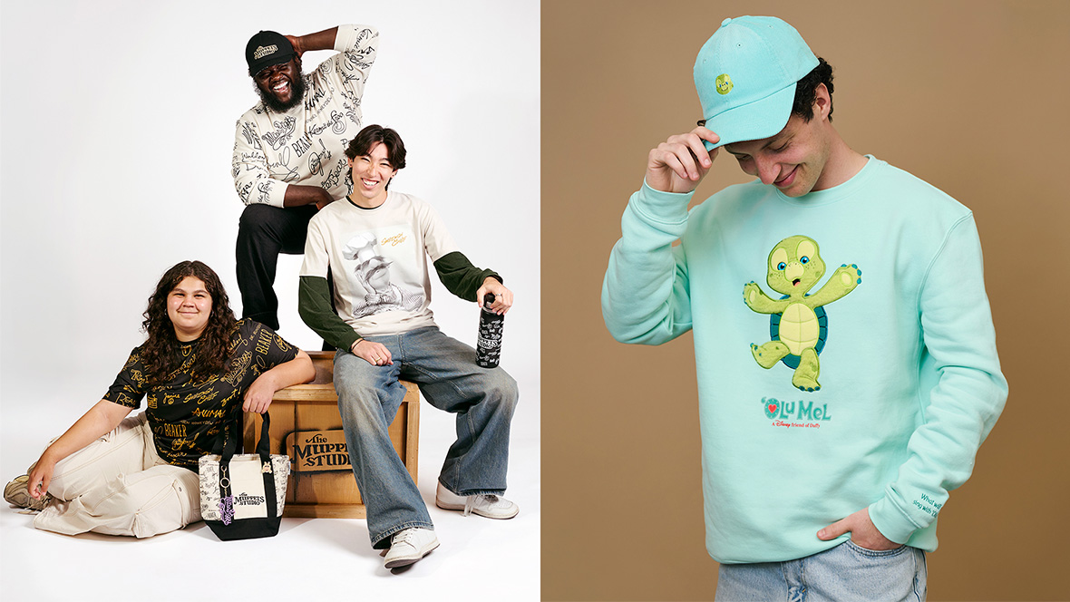 (Left to right): a trio wearing different Disney merch. On the right, an adult wearing a Olu Mel sweater and hat.