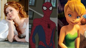 Collage featuring three iconic Disney characters: Giselle in her white gown from Enchanted, animated Spider-Man in his classic red‑and‑blue suit, and Tinker Bell in her green dress with shimmering wings.