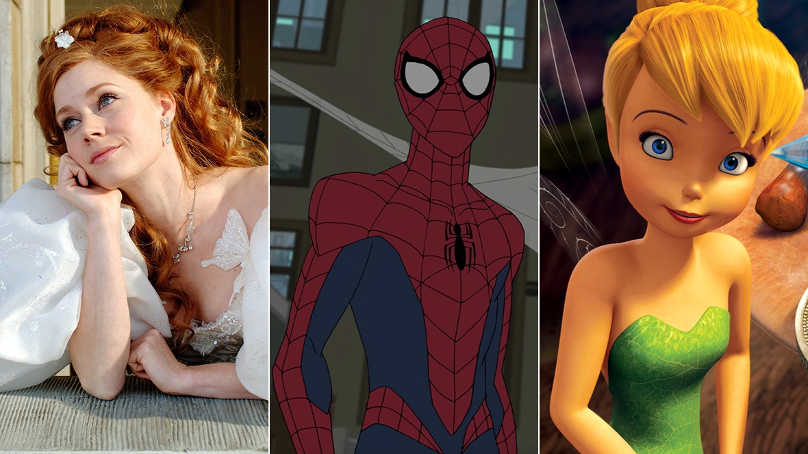 Collage featuring three iconic Disney characters: Giselle in her white gown from Enchanted, animated Spider-Man in his classic red‑and‑blue suit, and Tinker Bell in her green dress with shimmering wings.