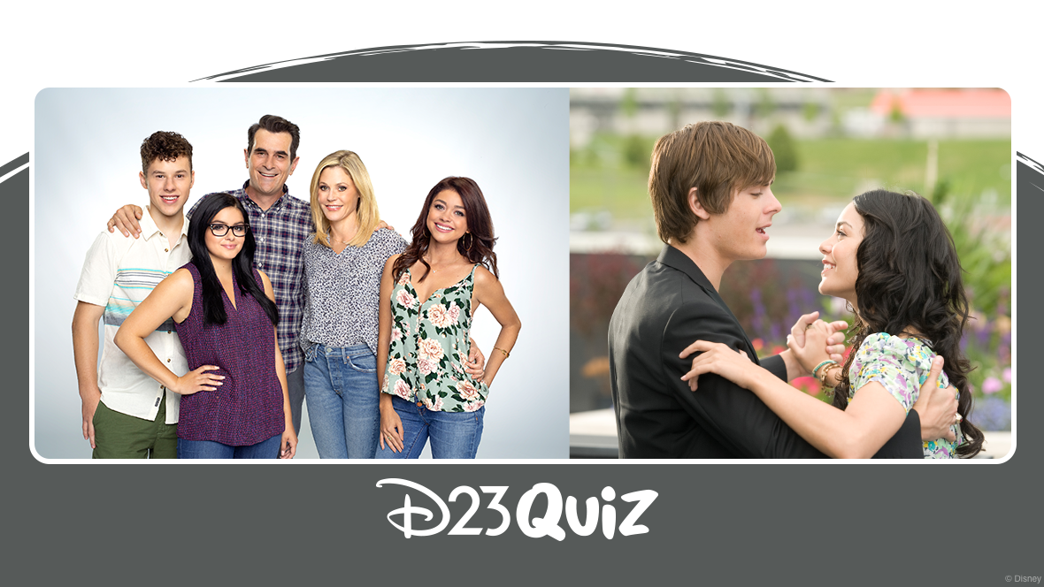 On the left, a promotional image from ABC&rsquo;s Modern Family, featuring the Dunphy family: Phil (Ty Burrell), Claire (Julie Bowen), Haley (Sarah Hyland), Alex (Ariel Winter), and Luke (Nolan Gould). On the right, an image from High School Musical 3: Senior Year featuring Zac Efron as Troy and Vanessa Hudgens as Gabriella.