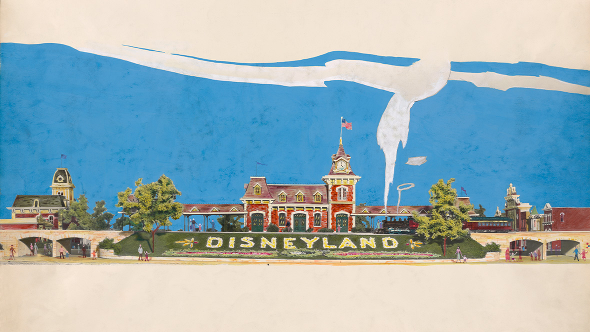 A sketch looking West at Main Street, U.S.A. at Disneyland, courtesy Walt Disney Archives.