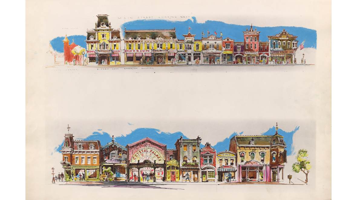 A sketch looking West at Main Street, U.S.A. at Disneyland, courtesy Walt Disney Archives.
