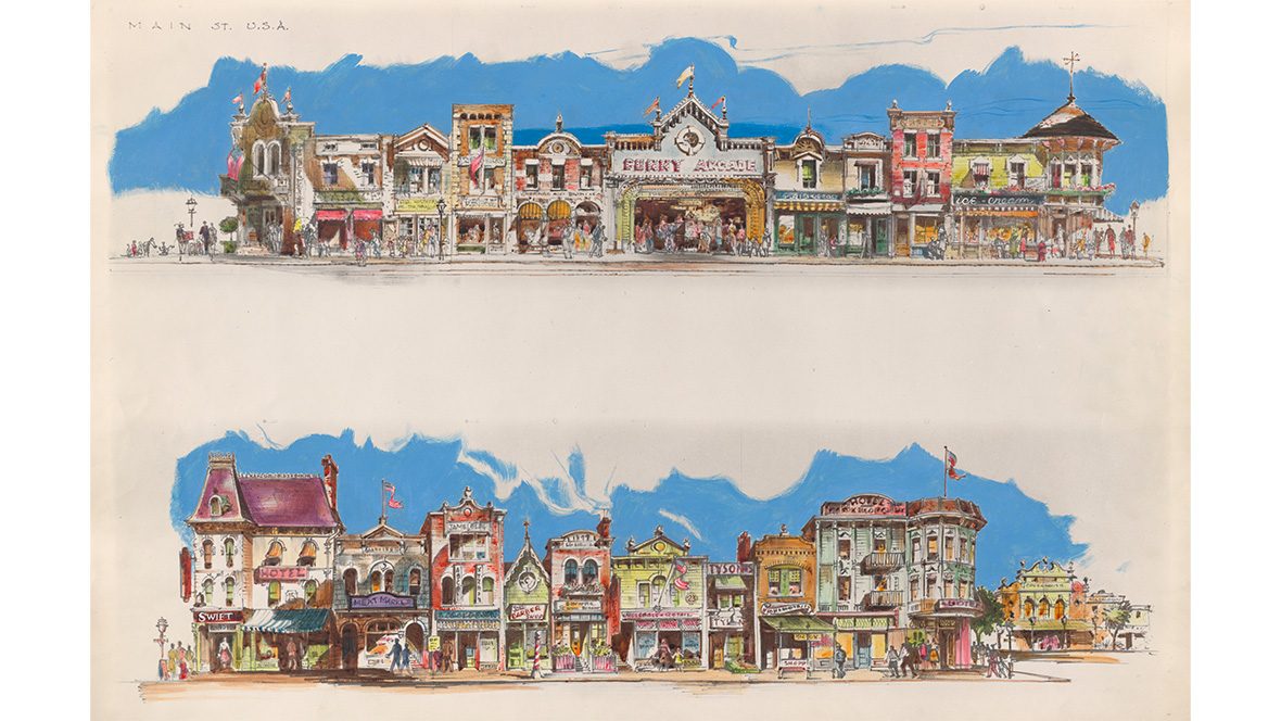 A sketched view of Main Street, U.S.A. at Disneyland, courtesy Walt Disney Archives.