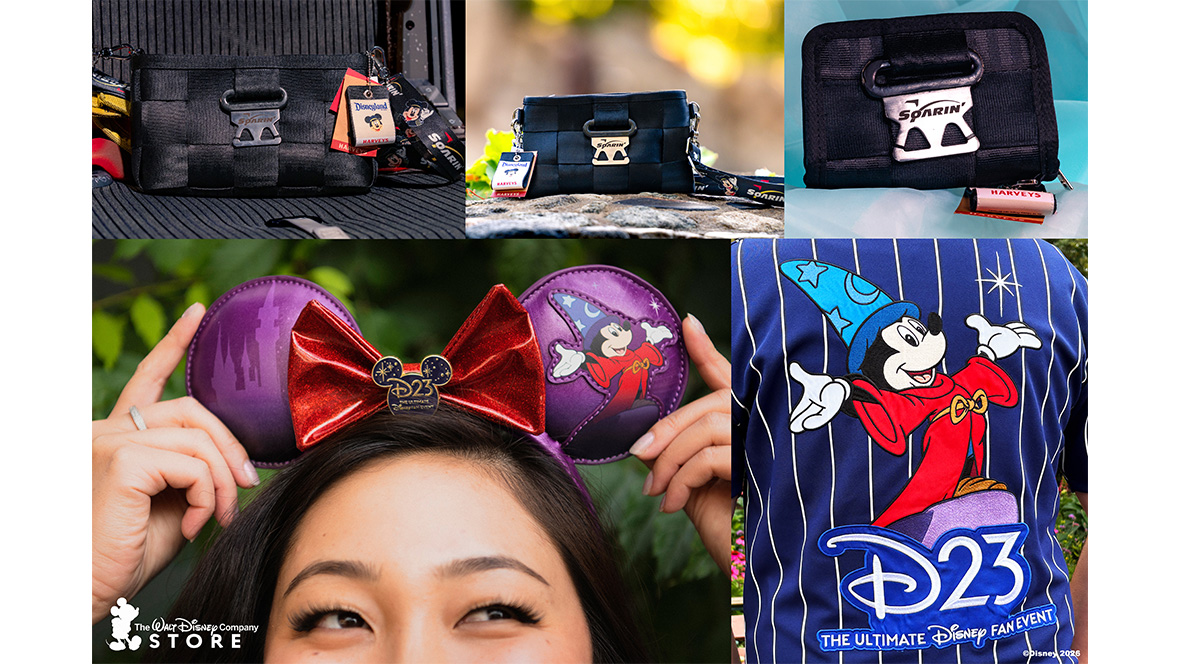 A collage of images highlighting merchandise that will be available at The Walt Disney Company Store during D23: The Ultimate Disney Fan Event, including bags made from seatbelts used on Soarin’ Over California; D23 Mickey Mouse Ears; and a D23 baseball jersey.