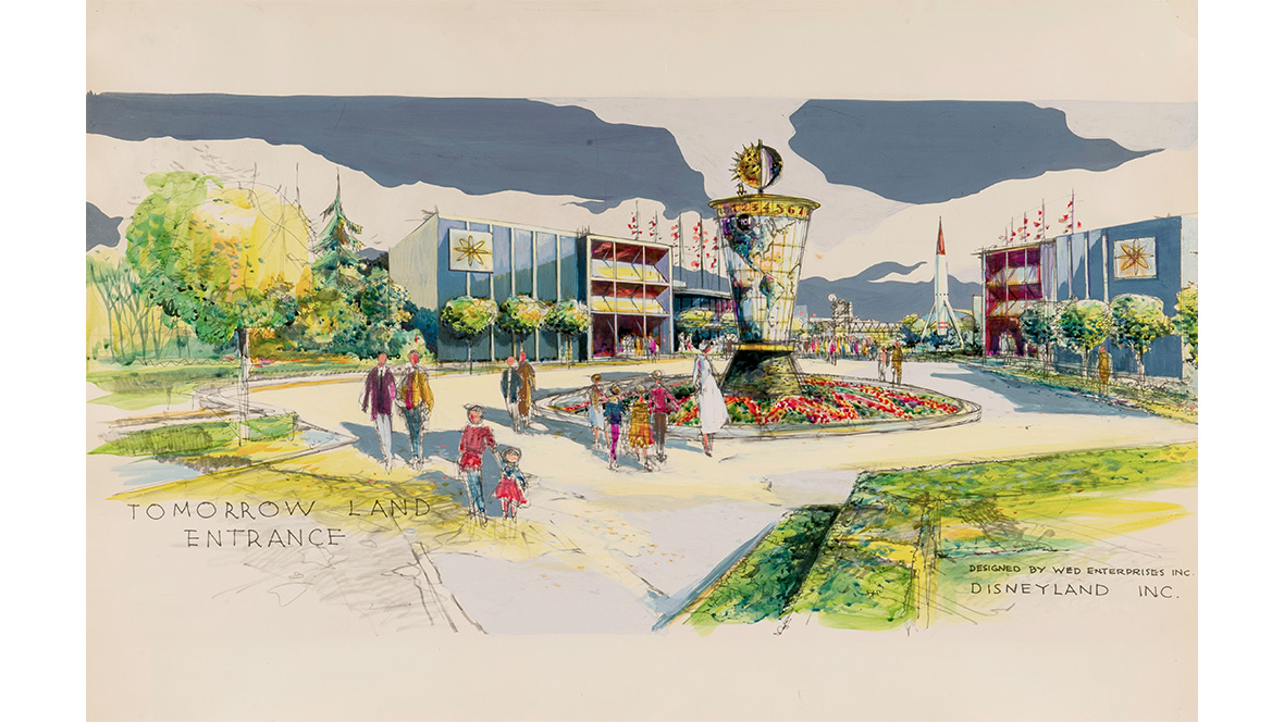 A sketch of Tomorrowland at Disneyland, courtesy Walt Disney Archives.