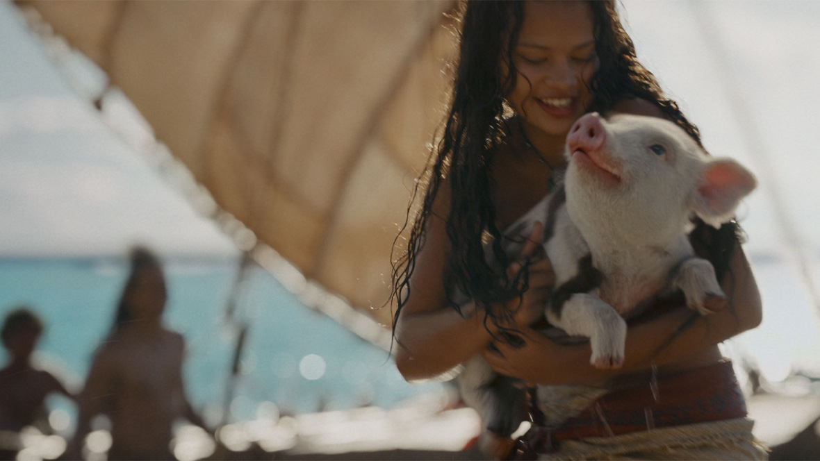 An image of Moana (Catherine Lagaʻaia) and Pua in Disney&rsquo;s live-action reimagining of the Oscar-nominated animated adventure Moana.
