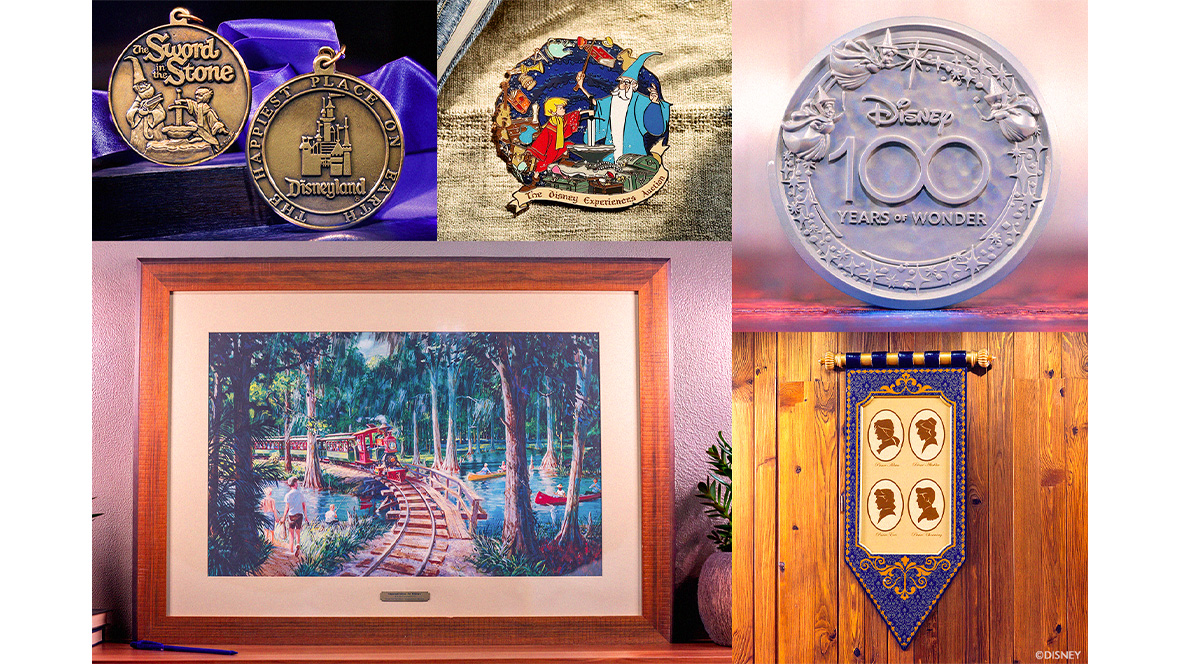 Images of several items that will be up for auction during The Disney Experiences Auction – Rare and Remarkable Finds, during D23: The Ultimate Disney Fan Event 2026.