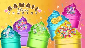 Colorful D23-themed slime containers decorated with charms, sprinkles, and a D23 logo are displayed in a promotional product graphic.