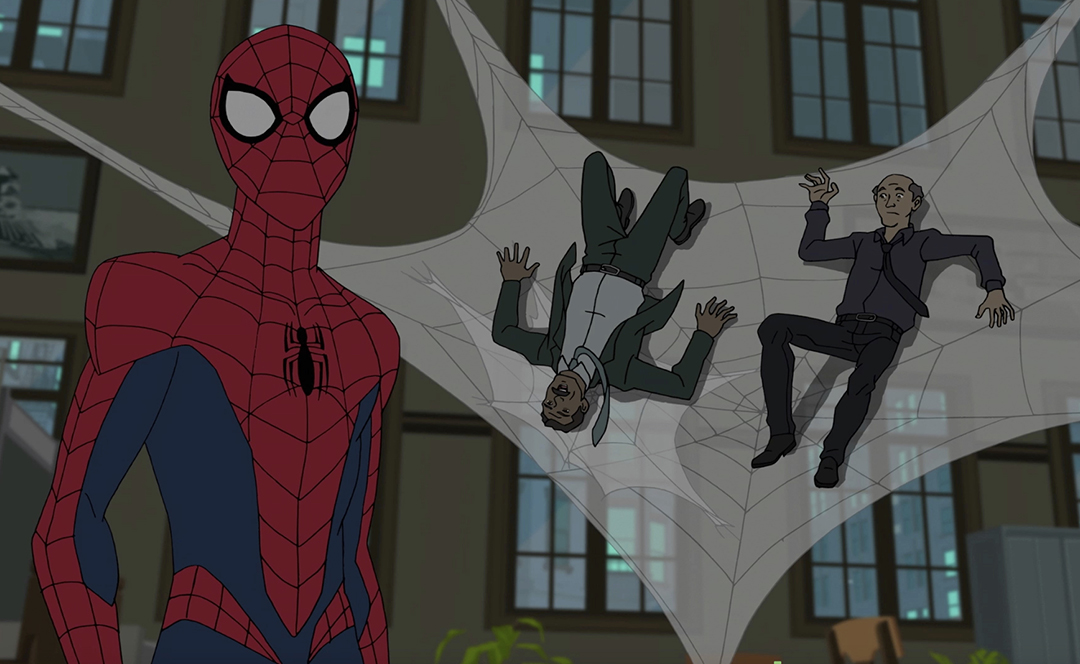 Animated scene featuring Spider-Man standing in the foreground inside a large building, while two people are suspended in a giant web attached between walls in the background. 