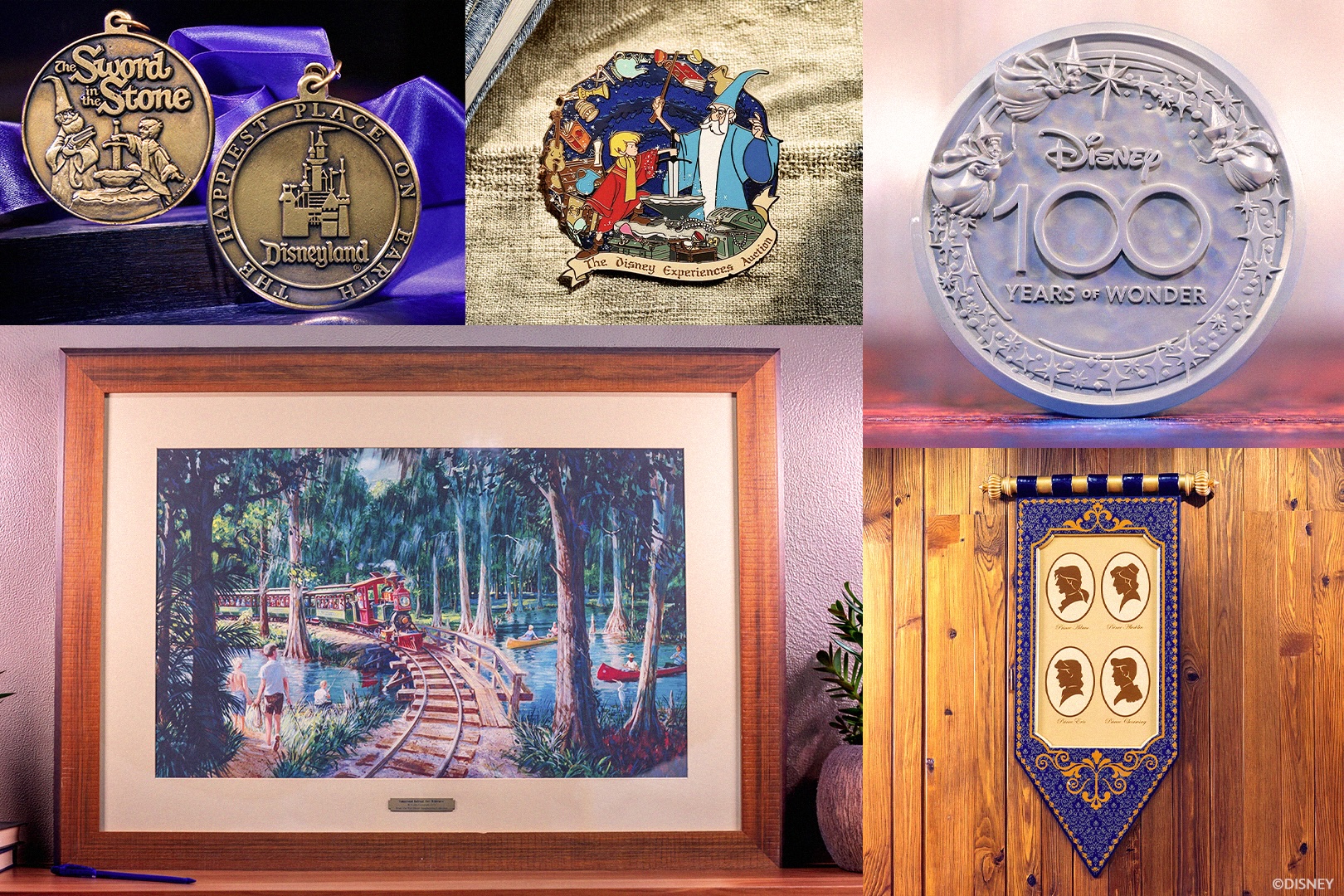 Images of several items that will be up for auction during The Disney Experiences Auction &ndash; Rare and Remarkable Finds, during D23: The Ultimate Disney Fan Event 2026.