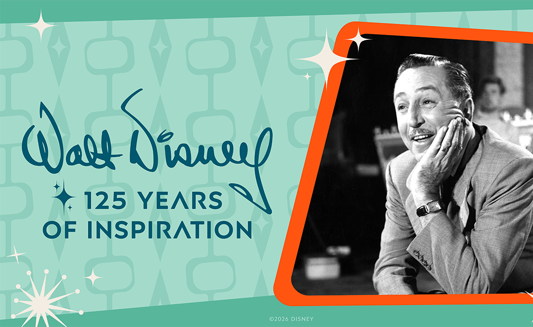 Walt Disney 125 Years of Inspiration graphic featuring a retro teal design and a black‑and‑white photo of Walt Disney smiling.