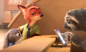 Scene from Zootopia showing Judy Hopps and Nick Wilde at the Department of Mammal Vehicles counter as a sloth clerk works at a touchscreen, highlighting the film's comedic DMV sequence.