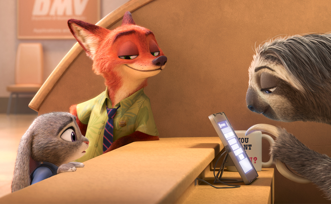 Scene from Zootopia showing Judy Hopps and Nick Wilde at the Department of Mammal Vehicles counter as a sloth clerk works at a touchscreen, highlighting the film's comedic DMV sequence.