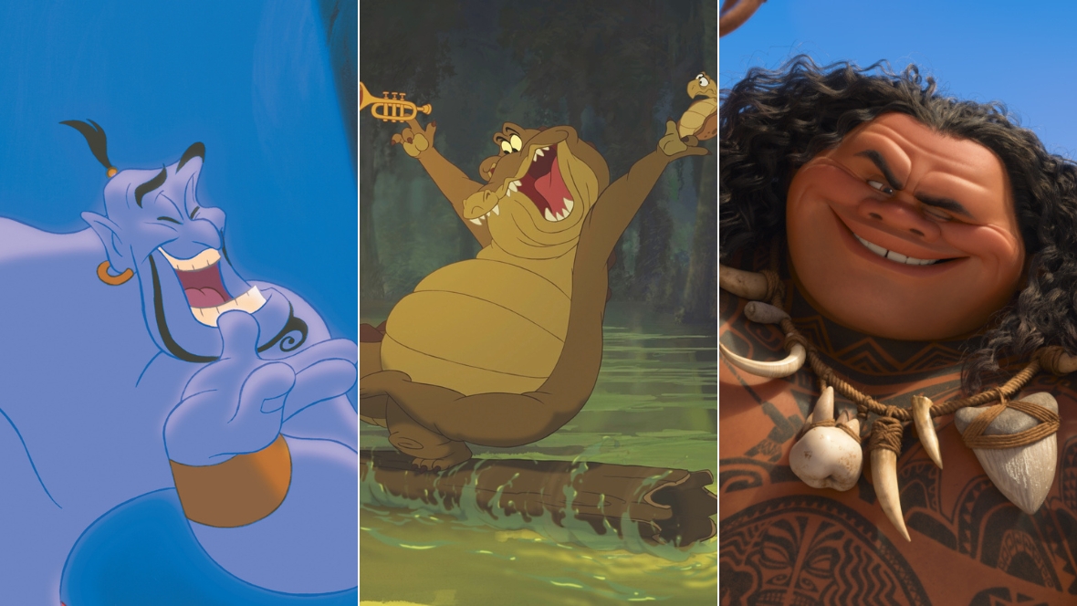 Scenes of Genie in Aladdin, Louis in The Princess and the Frog, and Maui in Moana