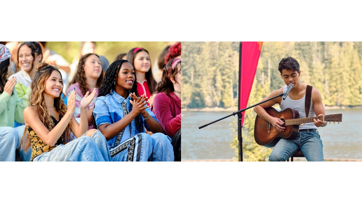 On the left, Sage, played by Liamani Segura, and Callie, played by Brooklynn Pitts, cheer while seated at an outdoor theater in a scene from Camp Rock 3. On the right, Fletch, played by Malachi Barton, strums his acoustic guitar in a scene from Camp Rock 3.