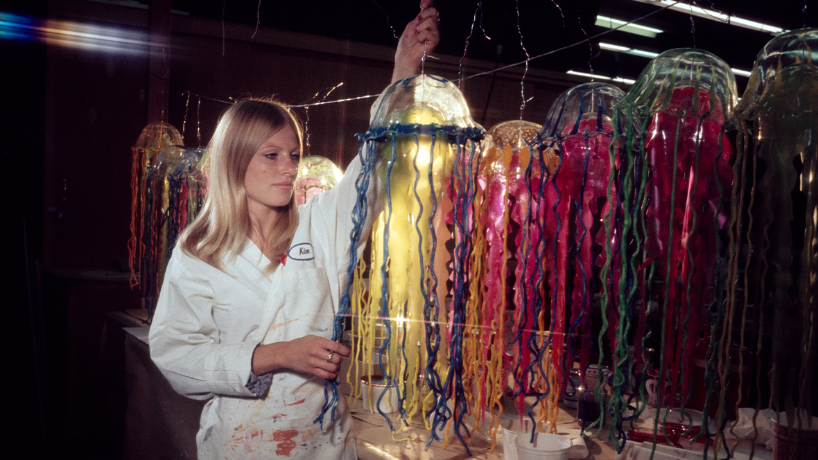 Disney Legend Kim Irvine works on jellyfish puppets.