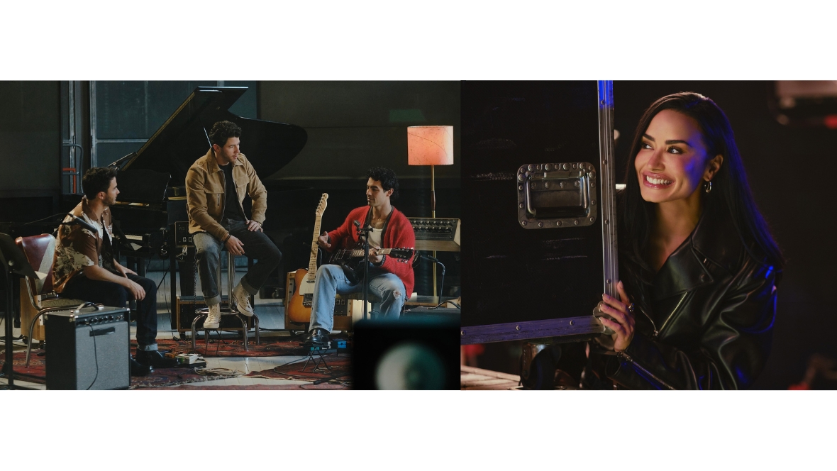 On the left, in a scene from Camp Rock 3, Connect 3, played by the Jonas Brothers, are surrounded by musical instruments in a recording studio. On the right, in a scene from Camp Rock 3, Mitchie Torres, played by Demi Lovato, peeks around a trunk.