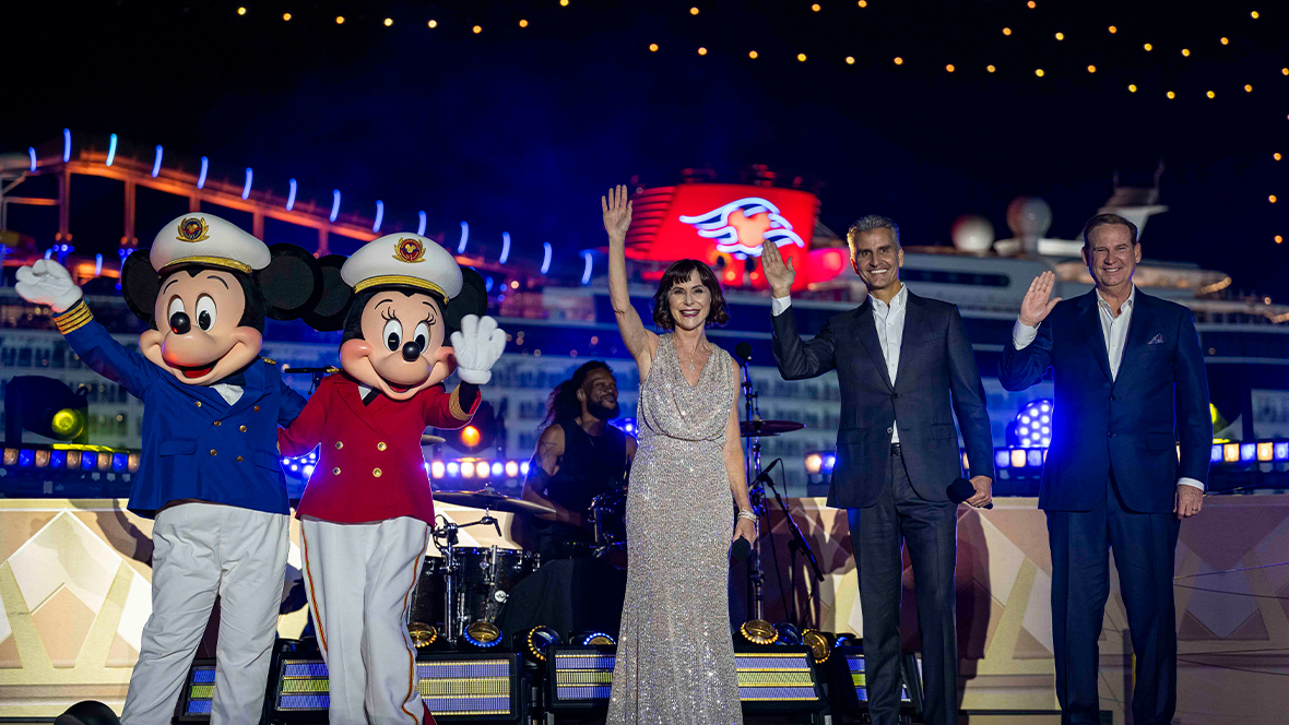 Mickey Mouse; Minnie Mouse; Disney Legend Susan Egan; Josh D&rsquo;Amaro, CEO of the Walt Disney Company; and Joe Schott, President of Disney Signature Experiences, attend the Disney Destiny christening in Fort Lauderdale, Florida.