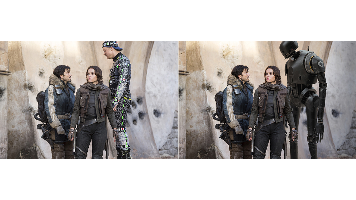 Comparison of Disney Legend Alan Tudyk, seen on the right, wearing his motion-capture suit and appearing in the final version of Rogue One: A Story Wars Story as K-2SO