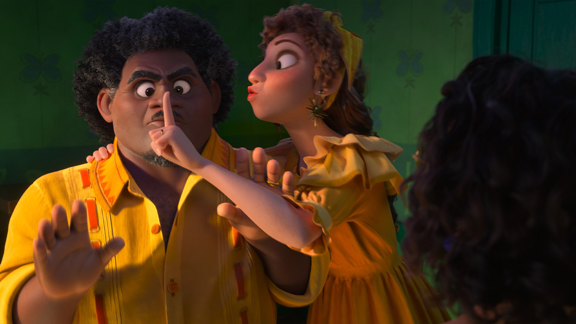 Félix is shushed by Pepa in a scene from Disney's Encanto.