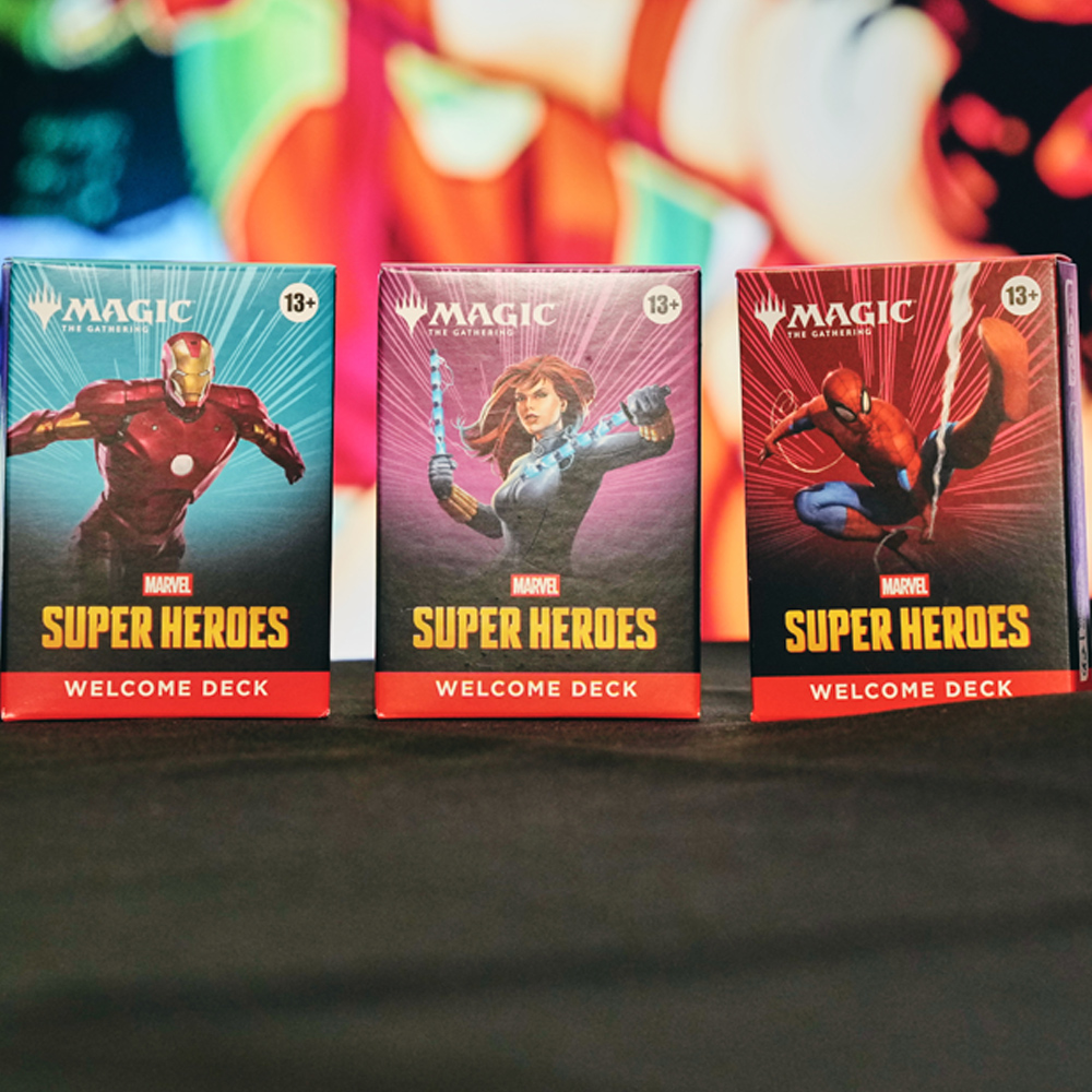 Magic: The Gathering Marvel Super Heroes Welcome Decks featuring Black Panther, Iron Man, Black Widow, Spider-Man, and Hulk.