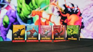 Magic: The Gathering Marvel Super Heroes Welcome Decks featuring Black Panther, Iron Man, Black Widow, Spider-Man, and Hulk.