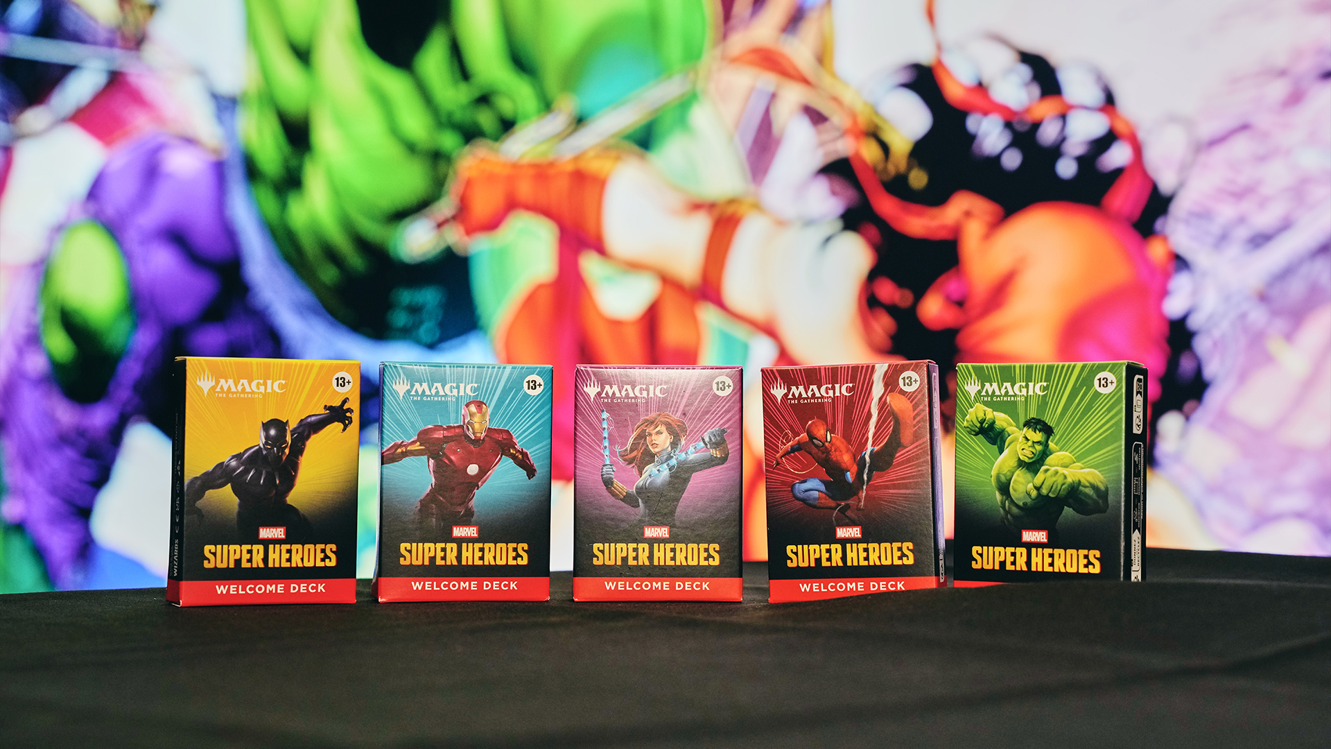 Magic: The Gathering Marvel Super Heroes Welcome Decks featuring Black Panther, Iron Man, Black Widow, Spider-Man, and Hulk.