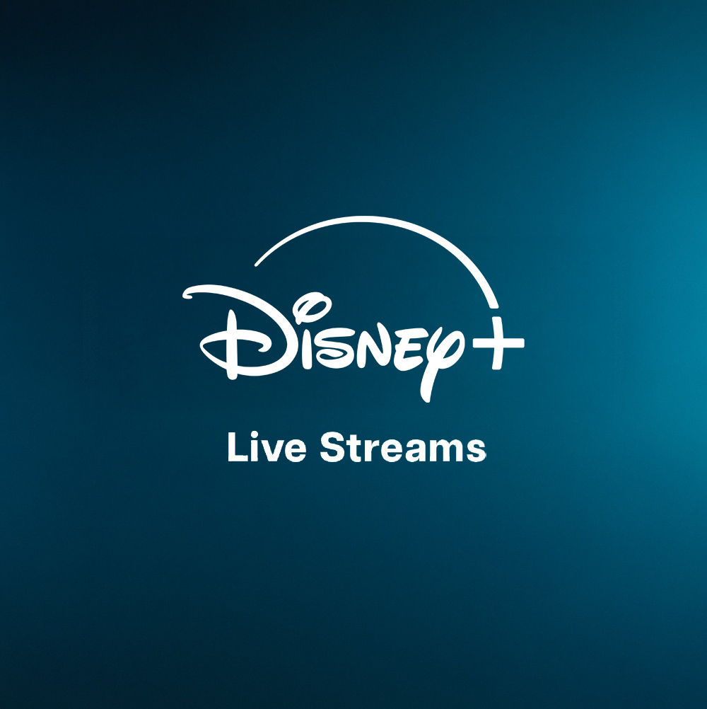 Disney+ Live Streams logo appears on a blue background with the text &ldquo;Live Streams.&rdquo;