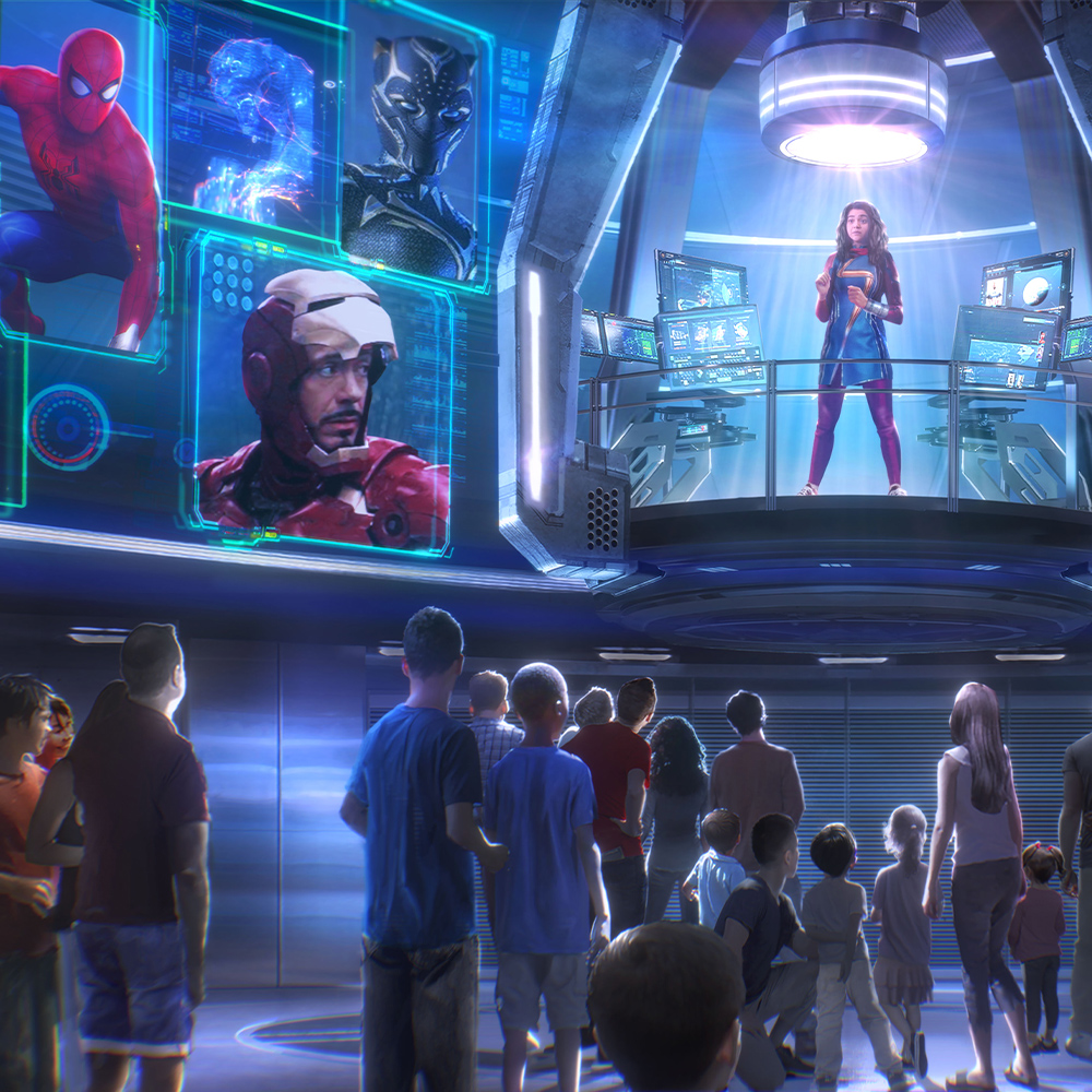 Concept artwork for Avengers Infinity Defense at Disney California Adventure shows guests gathered in an Avengers briefing room with Marvel heroes displayed onscreen.