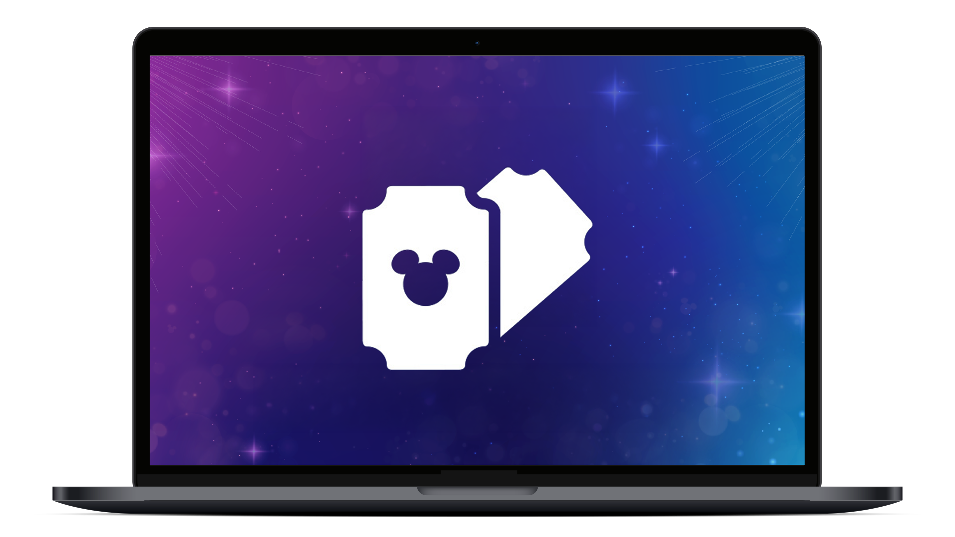 White ticket icons featuring a Mickey Mouse silhouette appear on a purple and blue Disney-themed background representing event ticket access.