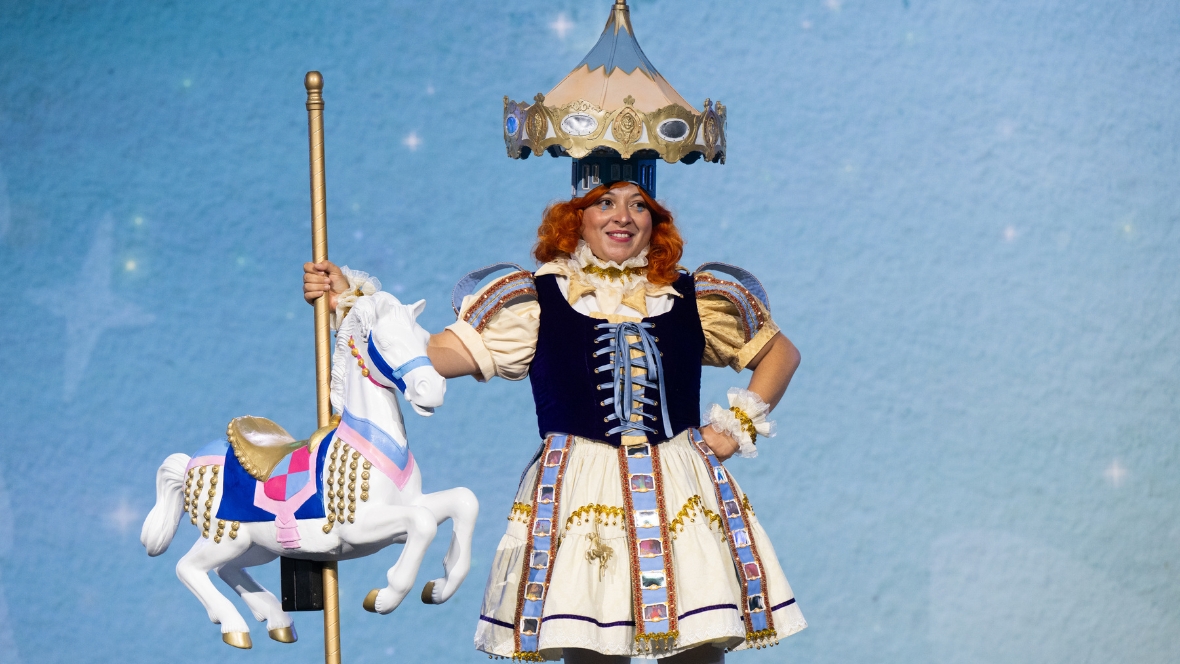 An image of the &ldquo;A Jest of a Carrousel Ride&rdquo; first place Solo Entry winner from the D23 2026 Mousequerade costume contest at D23: The Ultimate Disney Fan Event.