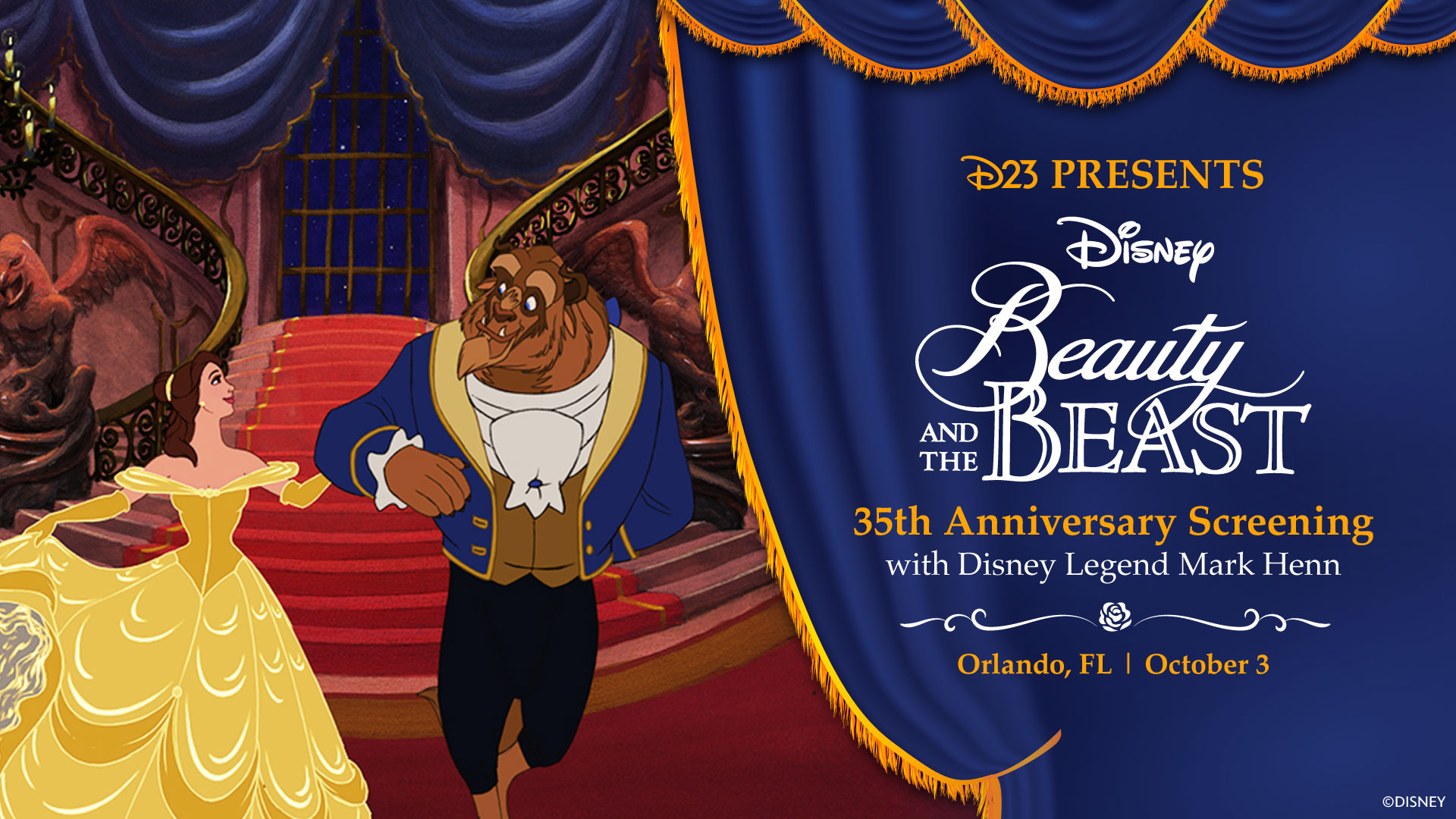 Belle and Beast stand on a grand staircase in Disneys Beauty and the Beast promotional graphic for the 35th Anniversary Screening with Disney Legend Mark Henn in Orlando, Florida on October 3.