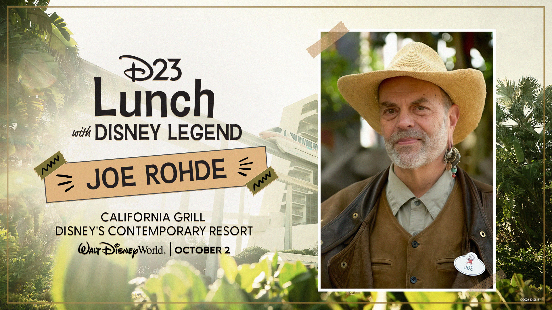 D23 promotional graphic featuring Disney Legend Joe Rohde with text &ldquo;Lunch with Disney Legend Joe Rohde&rdquo; at Disney&rsquo;s Contemporary Resort on October 2.