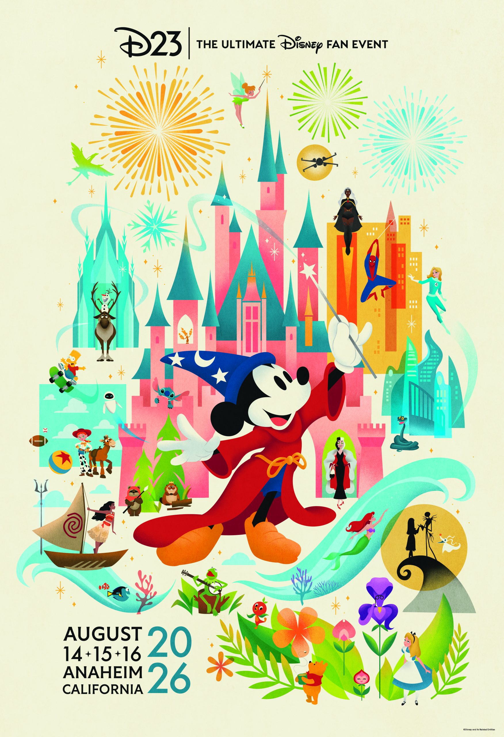 Sorcerer Mickey stands before a castle surrounded by Disney, Pixar, Marvel, and Star Wars characters in artwork promoting D23: The Ultimate Disney Fan Event, August 14&ndash;16, 2026, Anaheim, California.