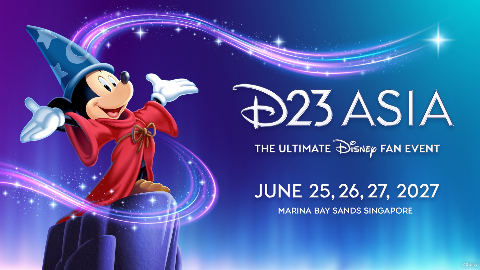 Sorcerer Mickey appears beside text announcing D23 Asia: The Ultimate Disney Fan Event, June 25&ndash;27, 2027, at Marina Bay Sands Singapore.