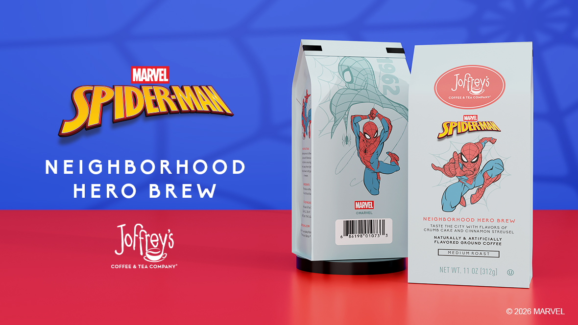 Joffrey&rsquo;s Neighborhood Hero Brew coffee package features Marvel Spider-Man artwork and product branding on the front of the bag.