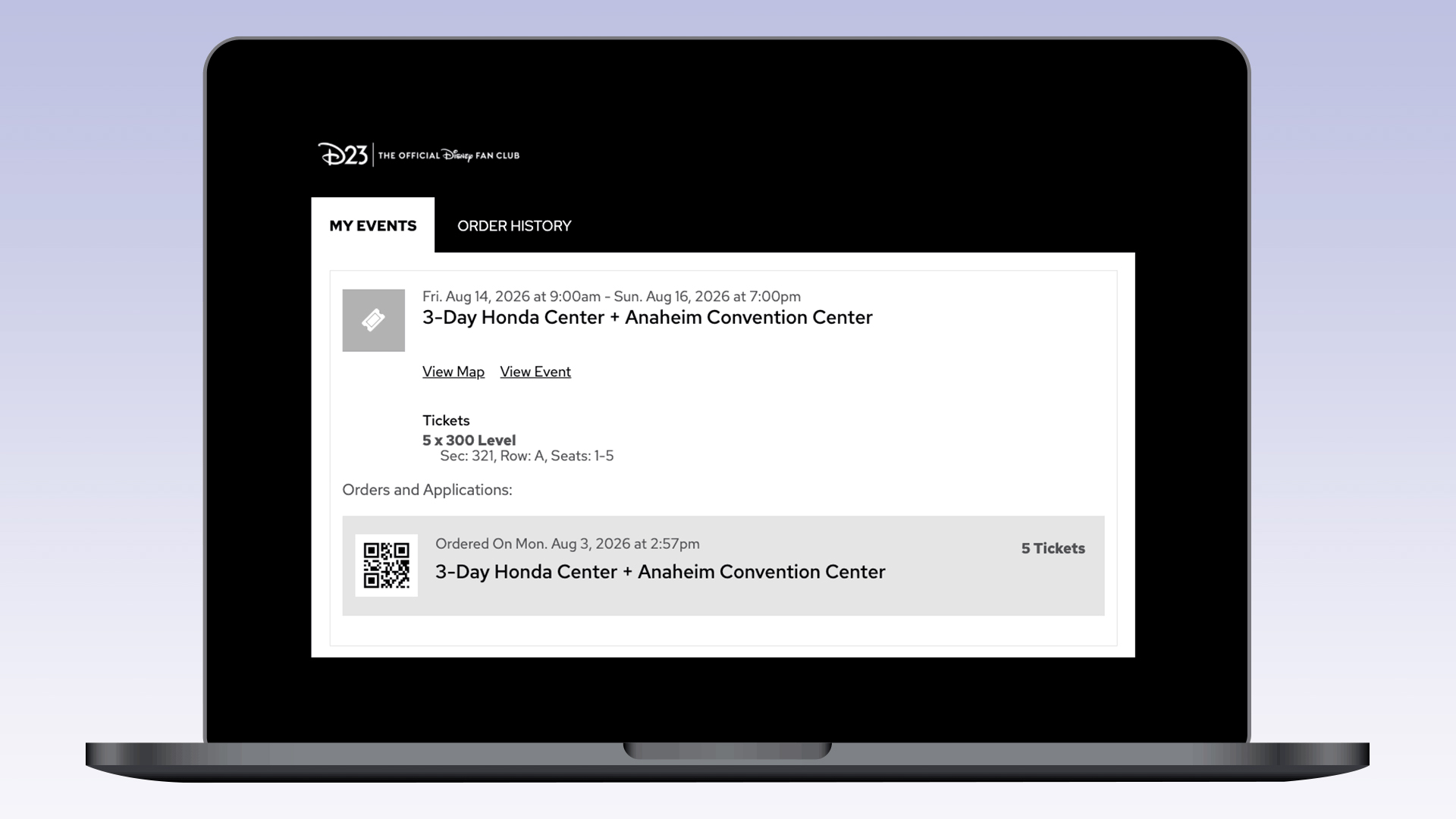 D23 ticket management page highlights the View Tickets button for a 3-Day Honda Center + Anaheim Convention Center order.