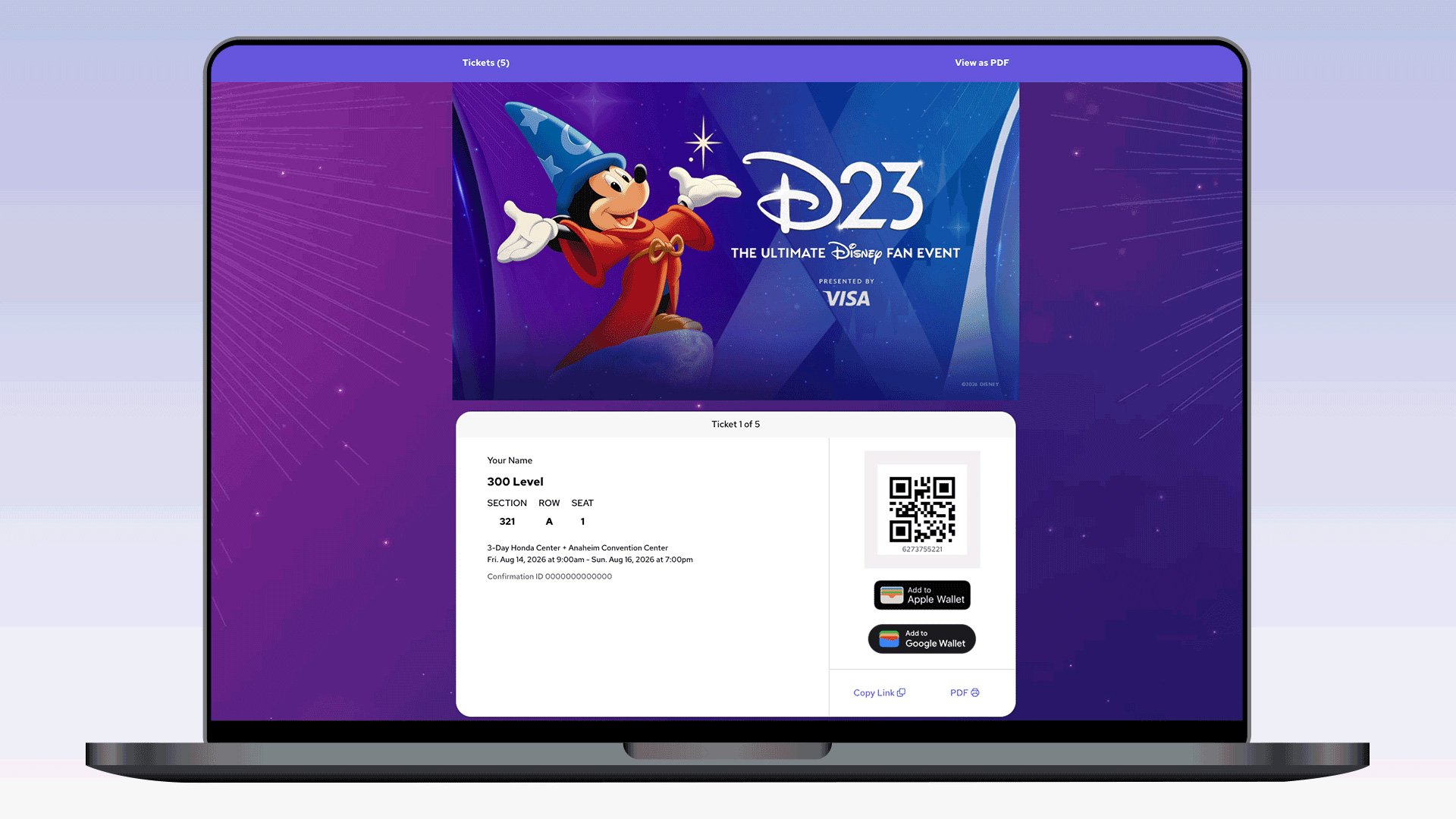 Printable D23 event ticket shows Section 321 Row A Seat 1 with a QR code for event admission.