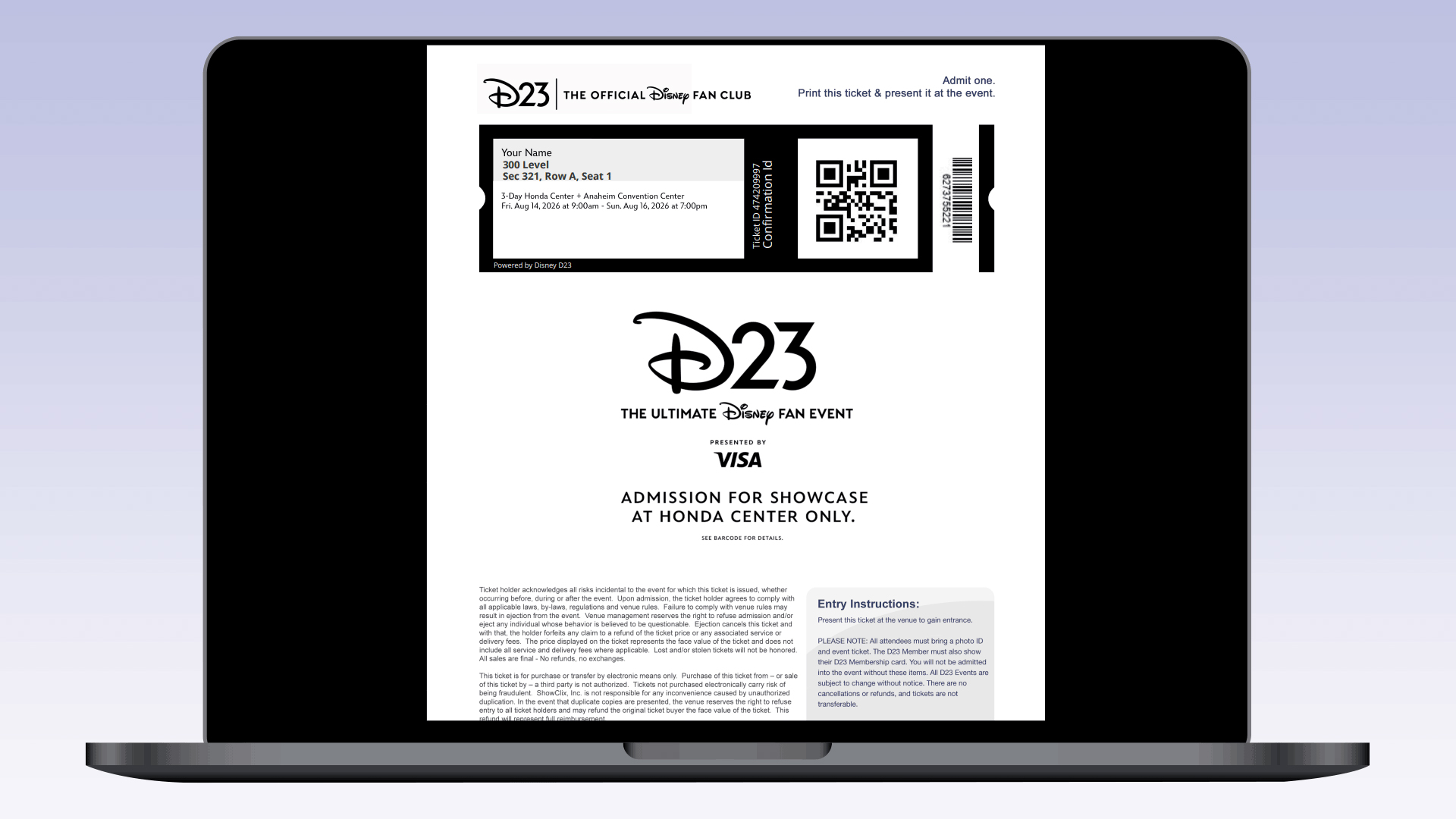 D23 account page lists five 300 Level tickets for the 3-Day Honda Center + Anaheim Convention Center event.