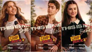 Side-by-side promotional images of Liamani Segura as Sage, Malachi Barton as Fletch, and Lumi Pollack as Rosie in Disney&rsquo;s Camp Rock 3.