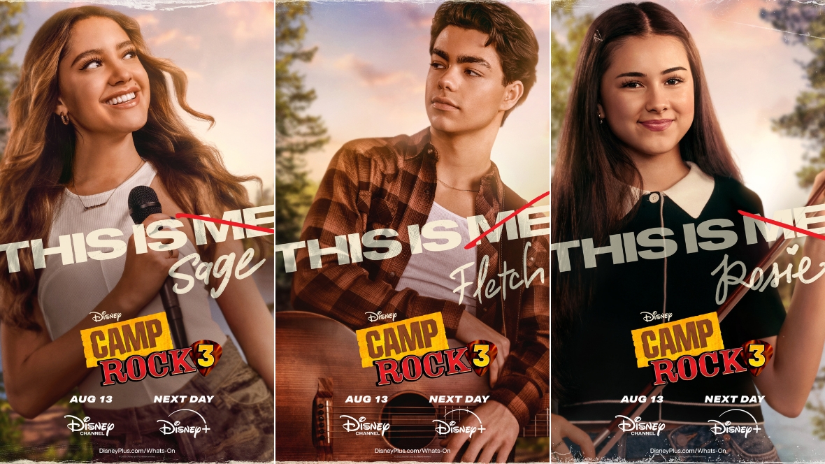 Side-by-side promotional images of Liamani Segura as Sage, Malachi Barton as Fletch, and Lumi Pollack as Rosie in Disney&rsquo;s Camp Rock 3.