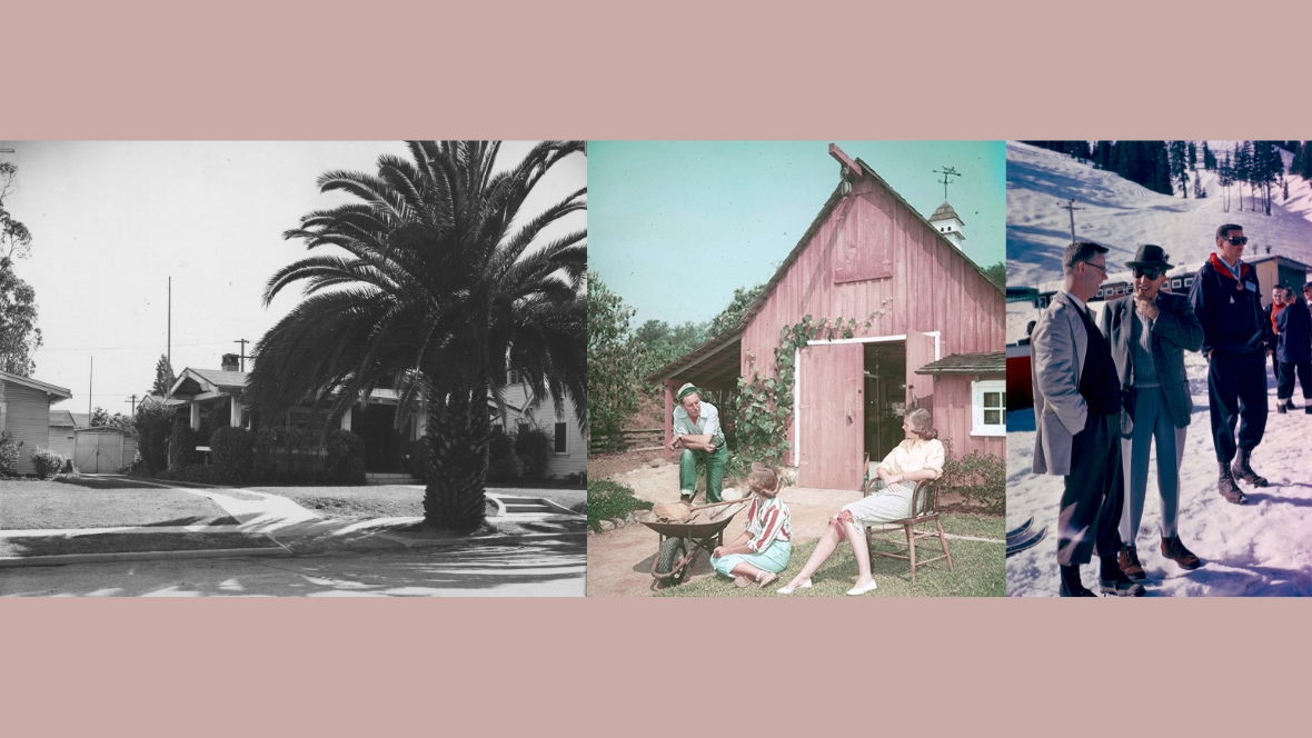 Triptych of images of locations around California meaningful to Walt Disney. On the left, a black-and-white image of Walt and Roy Disney&rsquo;s uncle Robert&rsquo;s house on Kingswell Avenue in the Los Feliz neighborhood of Los Angeles; in the middle, a color image of Walt Disney and his two daughters in their Holmby Hills backyard, with a reddish wooden barn seen in the background; on the right, an image of Walt Disney visiting Sugar Bowl Ski Resort near Lake Tahoe.