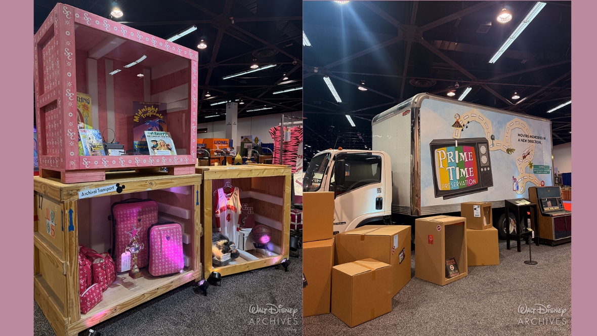 On the left, an image of objects from High School Musical in Walt Disney Archives: Uncrated at D23: The Ultimate Disney Fan Event; on the right, a box truck with the words &ldquo;Prime Time Preservation&rdquo; on the side, with several cardboard boxes leaning against nearby.