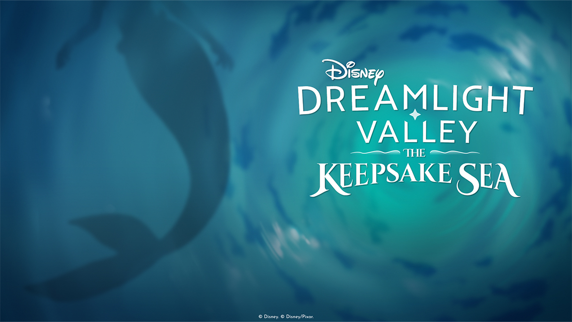 Key art for The Keepsake Sea, the fourth expansion pack for Disney Dreamlight Valley.