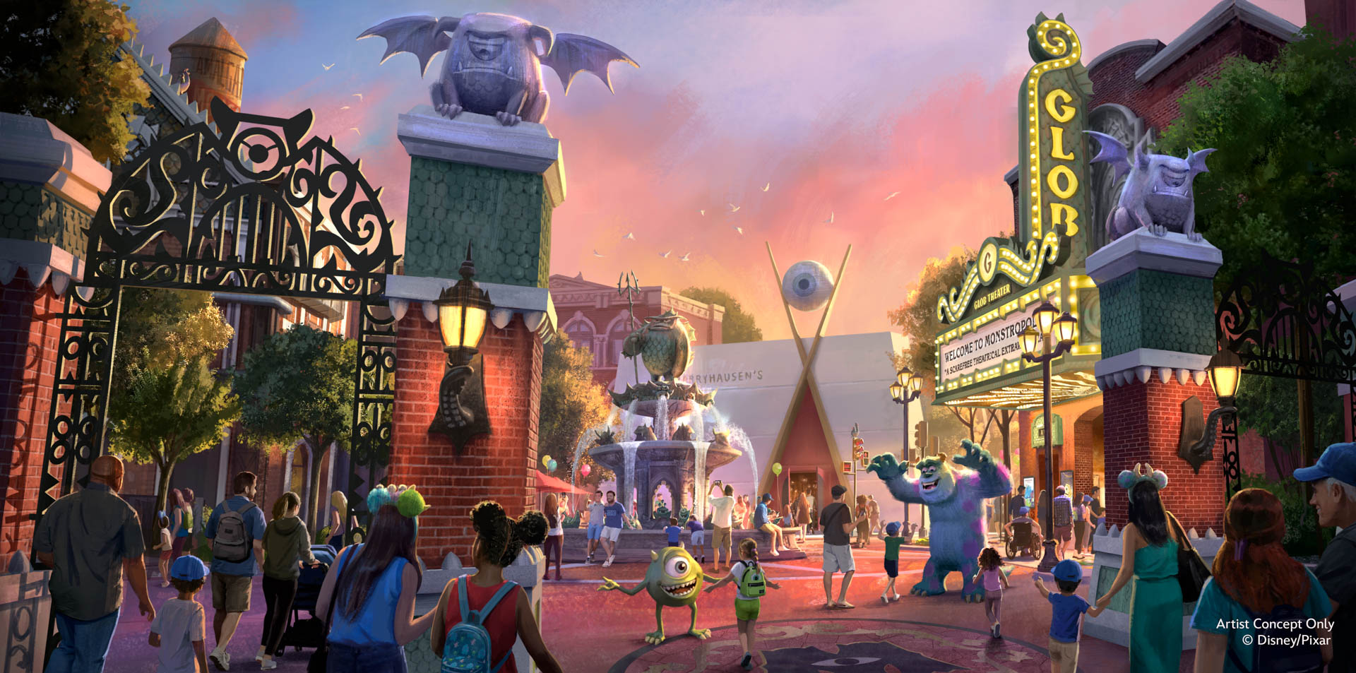 Concept artwork for Monstropolis at Disney&rsquo;s Hollywood Studios shows guests entering a Monsters, Inc.-inspired city district.