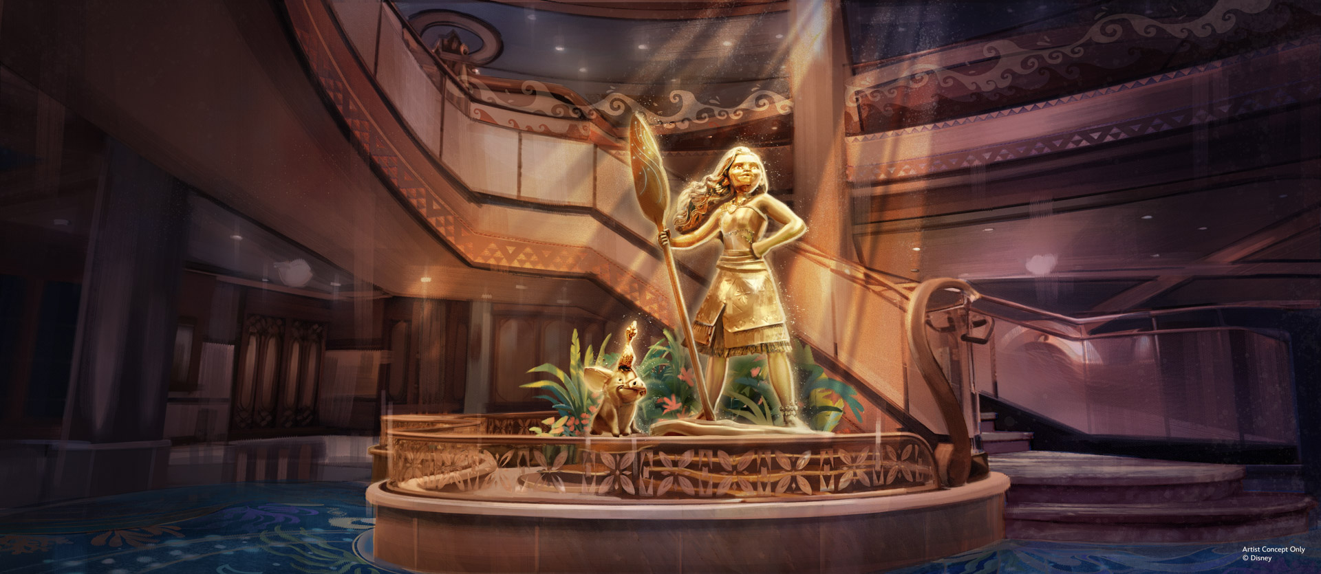 Concept artwork for the Disney Cruise Line ship Believe features a Moana-inspired atrium statue illuminated beneath a grand staircase.